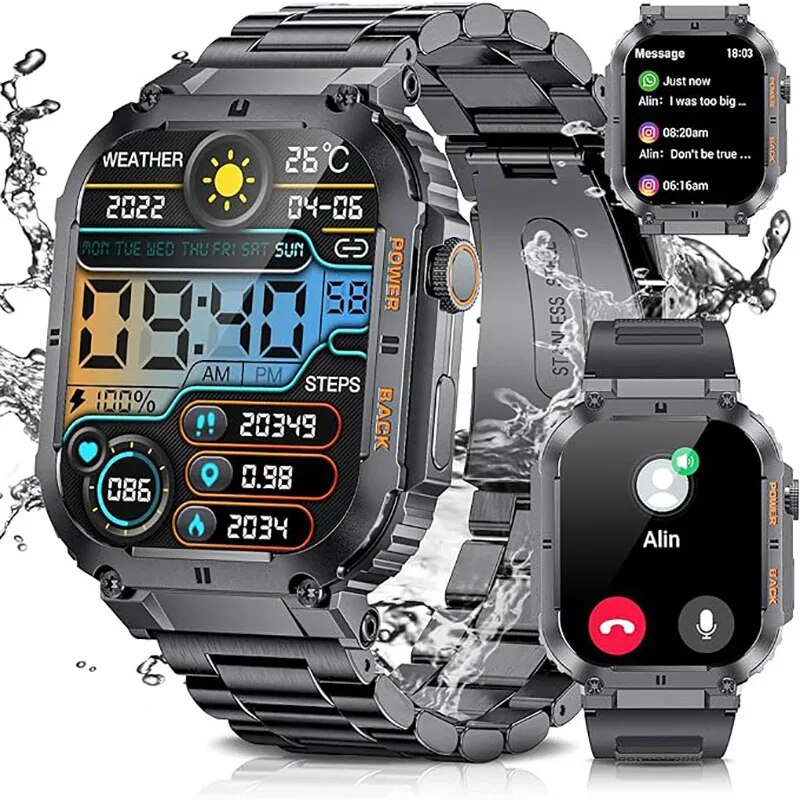 Health Wellness Bracelet - Lige-男性用アウトドアスポーツフィットネススマートウォッチ、1.96インチスクリーン、Bluetooth通話、防水ウォッチ、血中酸素
